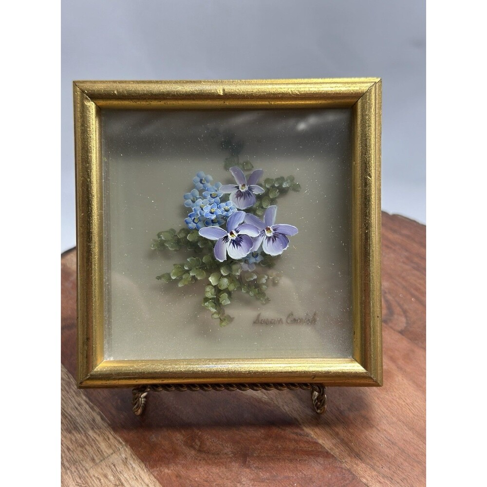 SUSAN COMISH Signed Gold Framed Hand Painted Layered Glass Florals Pansies